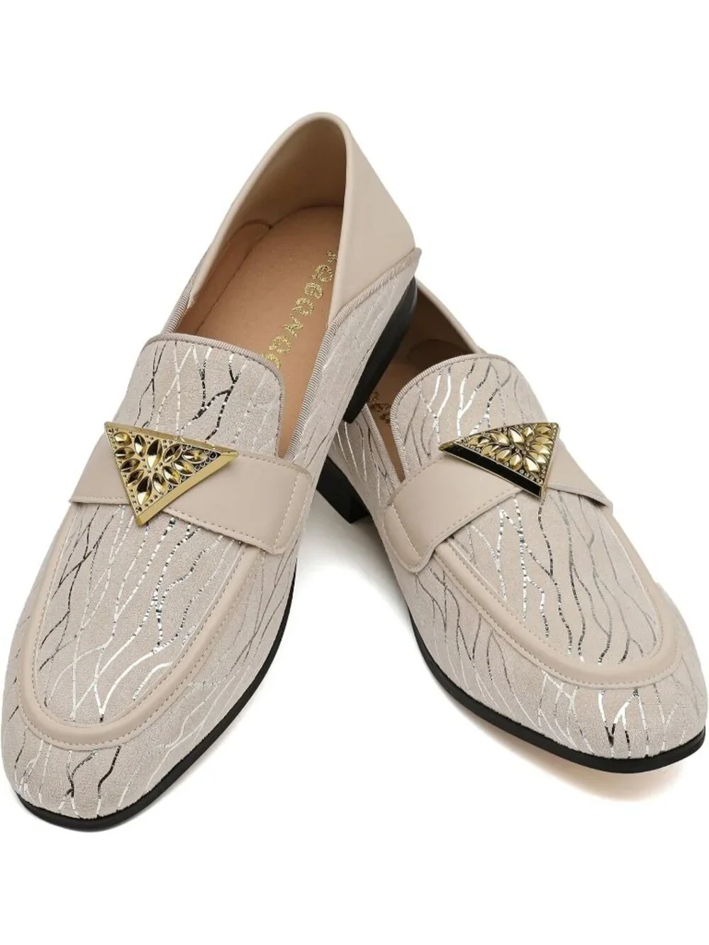 FQEQNQG Men's Beige Velvet Loafers Metal Buckle Shiny Slip On Classic Shoes